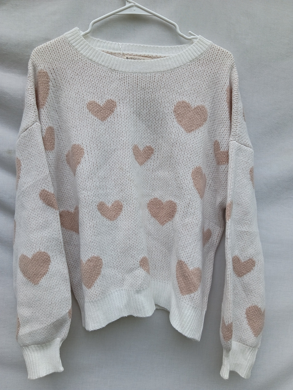Ivory Crewneck Sweater with Tan Heart Pattern Coquette Y2k Size Large